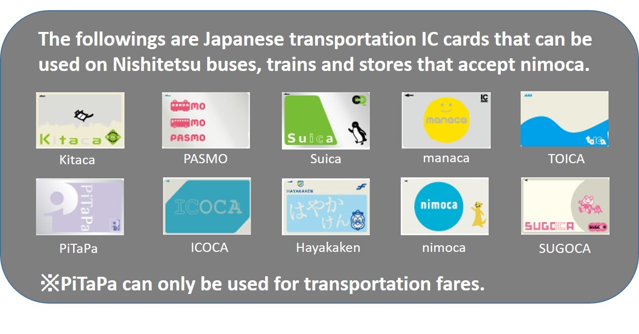 The following are Japanese transportation IC cards that can be used on Nishitetsu buses, trains and stores that accept nimoca.